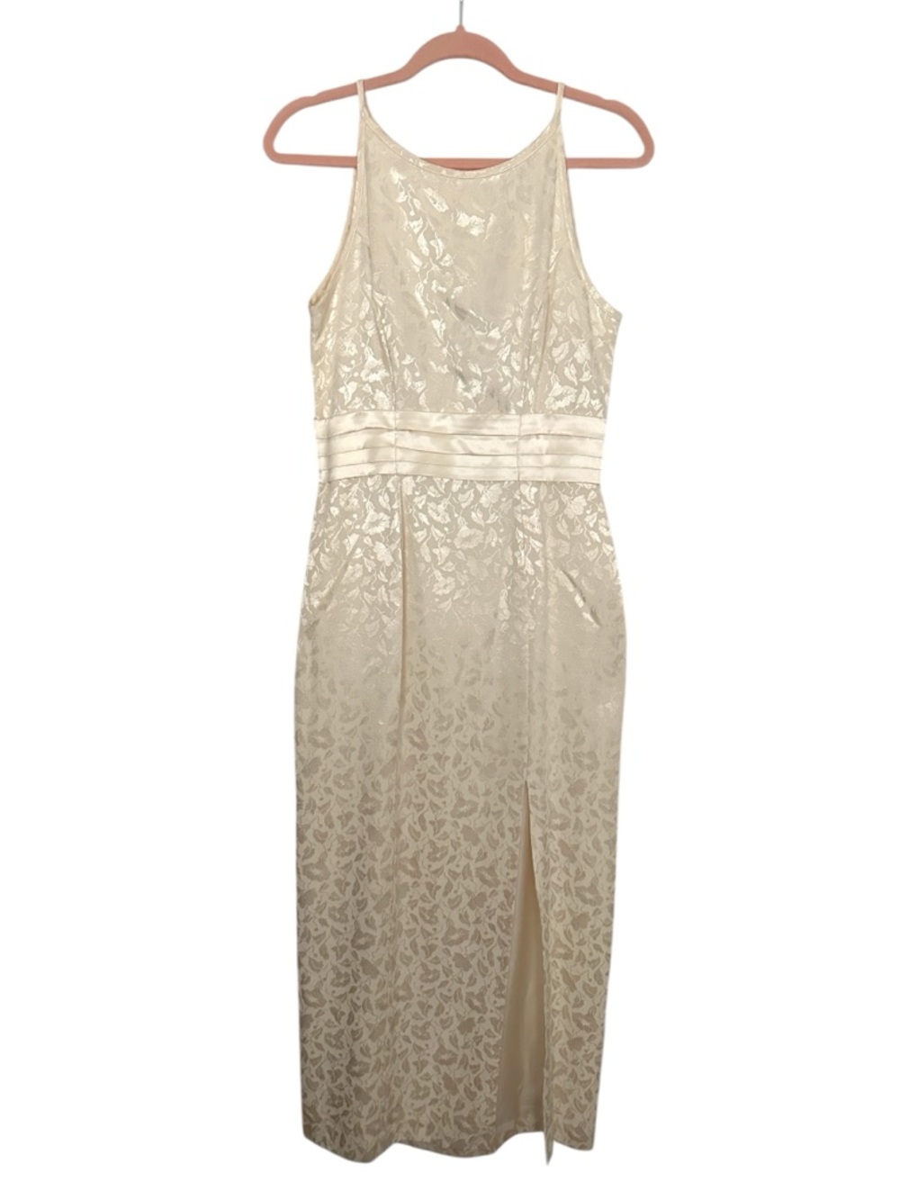 Vintage CDC Champagne Satin Jacquard Midi Dress Size 8 Minimalist Wedding Guest